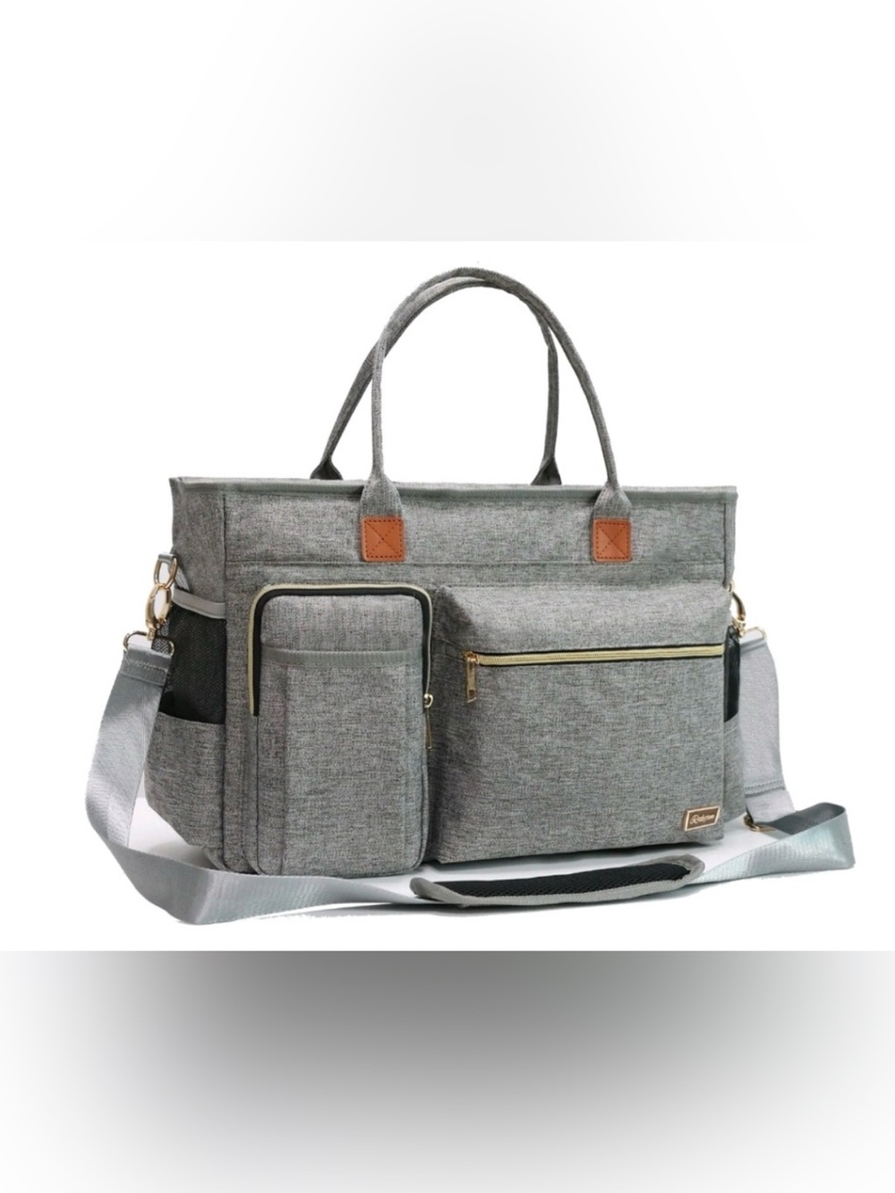 Rabjen Gray Multifunction Tote, Diaper Bag, Laptop, Shoulder Strap, Fits 15.6”